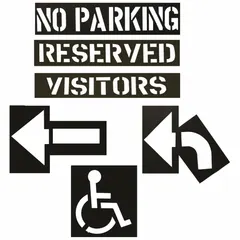 This 6-piece PVC stencil kit is designed for marking parking lot symbols on pavement surfaces. Each stencil has a 0.016-inch thickness, suitable for traffic and parking control applications in commercial and industrial facilities.