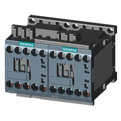 This reversing IEC contactor from Siemens is rated for 16 A with a 120V AC coil, featuring 3 poles and 3 normally open contacts. It is used to control forward and reverse rotation of three-phase motors in applications such as conveyors, pumps, and hoists. This model does not include integrated surge suppression.