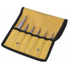 This titanium tweezer set includes point, curved, and straight tip styles with thicknesses of 1 mm, 2 mm, 0.6 mm, and 0.8 mm. The smooth, non-magnetic tips are suited for precision handling of small components in electronics assembly, laboratory work, and jewelry repair.