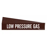 Brown adhesive pipe marker with white legend text reading 'Low Pressure Gas'. Designed for pipe outer diameters of 8 inches and larger. Pack of 5 markers without arrows. Used to identify low-pressure gas lines in industrial piping systems