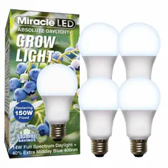 This A19-shaped LED grow bulb operates at 120V and provides a full/broad spectrum suitable for plant height control. With a 150W incandescent watt equivalency, it supports vegetative growth and flowering in indoor horticulture, greenhouses, and hydroponic setups.