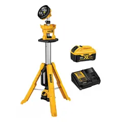 This DEWALT tripod light operates on 20V DC and delivers up to 3,000 lumens with three selectable modes. The adjustable tripod extends to a maximum height of 88 inches, providing elevated illumination for construction sites, workshops, and outdoor work areas. Kit includes one battery and one charger.