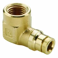 Brass push-to-connect x FNPT adapter elbow for 3/8 in OD tubing to 3/8 in female pipe thread. Push-fit design enables tool-free assembly in pneumatic and air brake systems. Corrosion-resistant brass construction suitable for compressed air lines.