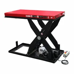 This fixed-top electric lift table has a 2000 lb load capacity and a maximum lifting height of 39 in. The platform length is 48 in. It operates on 115V AC power with a hydraulic mechanism. Typical applications include vertical material handling in assembly, warehousing, and work positioning tasks.