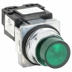 Green incandescent pilot light from the Siemens Class 52 Series. Designed for 30 mm panel mounting, it provides visual status indication on industrial control panels. Does not include a push-to-test feature. Commonly used in manufacturing and automation environments to signal machine status or power-on conditions.
