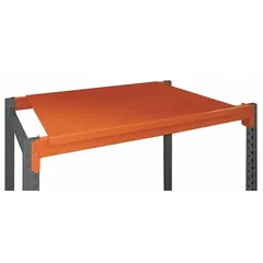 This solid steel pallet rack decking panel measures 48 in x 48 in with a flat edge and standard wire decking style. Constructed from 14 ga steel with a powder-coated orange finish, it provides a load-bearing surface for pallet rack systems in warehouses and industrial facilities, allowing airflow and sprinkler water penetration.