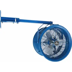 This PATTERSON wall-mount fan features an 18-inch blade driven by a 1/2 hp motor, operating on 208 to 230/460V AC. It provides single-speed, non-oscillating airflow for spot cooling and ventilation in industrial settings such as factories, warehouses, and workshops.
