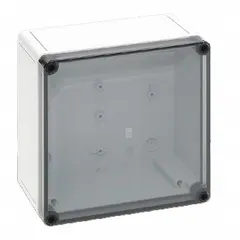 This RITTAL enclosure is constructed from fiberglass reinforced polycarbonate, providing corrosion resistance for indoor or outdoor use. It measures 7 in x 7 in x 4 in with a clear cover and screw closure. Rated NEMA 4X, it protects electrical components from moisture, dust, and corrosive environments. Knockouts are not included.