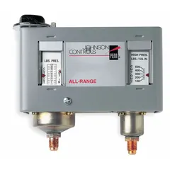 Dual pressure control from the P170 Series with SPST switch. Low-side range 20 in Hg to 100 psi, high-side range 100 psi to 500 psi. NEMA 1 enclosure. Used in commercial refrigeration and HVAC systems to monitor refrigerant pressures and protect compressors.
