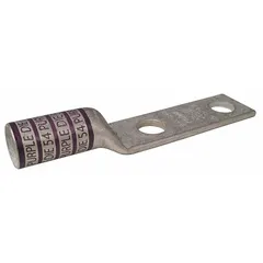 This two-hole compression lug is designed for terminating 4/0 AWG stranded copper wire. It features a long copper barrel and a 5/16 in stud size. An inspection hole allows visual confirmation of full wire insertion before crimping. Typical applications include industrial electrical panels, switchgear, and heavy machinery.