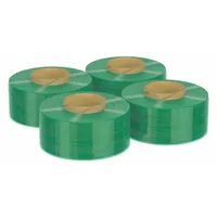Light green stretch wrap with integrated handle and brake for controlled tension application. Each roll is 2 inches wide by 1,000 feet long. Suitable for bundling, securing, and protecting items during storage or transport, particularly for irregular loads, pipes, or small parts in industrial and warehouse settings
