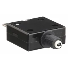 This 40 A push button style miniature circuit breaker is front panel-mountable with a 3/8 in collar and 1/4 in tab terminals. Rated for 125/250V AC and 32V DC, it provides overcurrent protection in control panels, power distribution units, and industrial machinery. The compact design with 2.31 in depth allows manual reset after a fault.