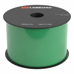 Continuous vinyl label roll for use with LabelTac Pro X printers. Green gloss finish, 3 inches wide by 100 feet long. Suitable for indoor and outdoor labeling applications such as pipe marking, safety signage, and equipment identification.