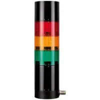 Three-tier tower light assembly with green, red, and yellow light tiers, an integrated sounder tier, and flashing function. Operates on 21.6 to 26.4 VDC. Provides visual and audible status indication for industrial machinery, automation lines, and process control systems