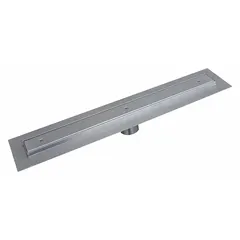 This stainless steel trench drain features a satin finish and a silver slotted grate. It includes a shield and has a no-hub connection. With an overall height of 3 3/8 inches, it is suited for commercial shower applications such as locker rooms and gyms.