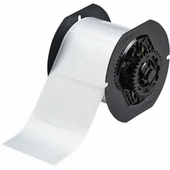 This precut label roll is made of metalized polyester with halogen-free and metal-detectable properties. Each label measures 2 inches by 3 inches and is designed for use with the BBP33 printer series. Suitable for industrial identification applications where contamination control is required, such as in food processing or electronics manufacturing.