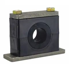 Steel clamp with a polypropylene cushion and textured core for vibration dampening. Designed to secure and cushion a single line in piping systems, reducing vibration and noise. Suitable for hydraulic, pneumatic, and process applications requiring line stability.