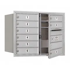 This horizontal multi-unit mailbox features 9 lockable front-access doors and is designed for recessed mounting. With dimensions of 23 7/8 in H x 31 1/8 in W x 16 1/2 in D, it provides organized mail distribution for multiple tenants or departments in apartment buildings, condominiums, or commercial facilities.