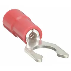 Red vinyl-insulated fork terminal for #10 stud size, accepting 22 AWG to 16 AWG wire. Features a locking fork configuration and funnel entry barrel style for easy wire insertion. Rated for 600 V. Used for secure wire-to-stud connections in electrical panels and control cabinets.