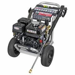 Cart-mounted cold water pressure washer delivering 3000 psi at 3 gpm. Powered by a 196 cc engine. Suitable for cleaning concrete, equipment, vehicles, and building surfaces.