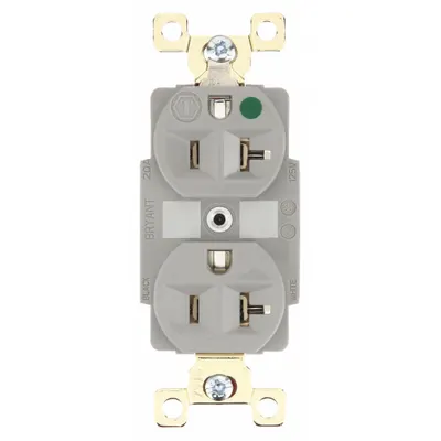 BRYANT Receptacle: Hospital Grade Fed. Spec., Duplex, 5-20R, Gray, 125V AC, 20 A - General Purpose Receptacles