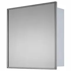 This mirrored medicine cabinet features a glass body with a stainless steel frame in a Bright Annealed silver finish. It measures 24 inches in height, 24 inches in width, and 4 1/4 inches in depth. Suitable for bathroom storage and grooming in residential or commercial settings.