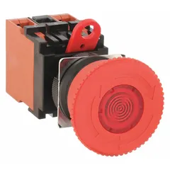 Illuminated mushroom-head push button from the A22E series with maintained action. Non-metallic construction, 22 mm mounting hole, 1NO/2NC contacts. Used for emergency stop functions in industrial control panels and machinery safety circuits.