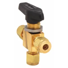 This three-way ball valve features a brass body with L flow pattern and compression connections on all ports. The lever handle allows manual operation to divert or mix flow between ports. Suitable for fluid control in plumbing and industrial systems.