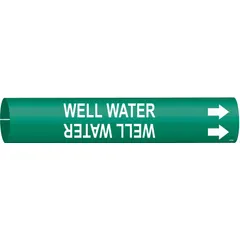 Snap-on pipe marker for identifying well water lines. Green background with white legend and directional arrows. Fits pipe outer diameter from 1-1/2 to 2-3/8 inches. Suitable for industrial piping systems requiring clear fluid identification.
