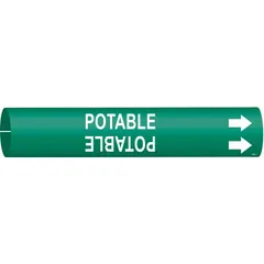Snap-on pipe marker for identifying potable water lines. Green background with white legend and directional arrows. Fits pipe outer diameter from 3/4 to 1-3/8 inches. Suitable for industrial piping systems requiring clear pipe identification.