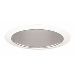 White matte trim ring for recessed downlighting, 6-inch diameter, rated 75 W for dry locations. Open Aluminum Haze reflector. Suitable for flat ceilings in residential or commercial interiors.
