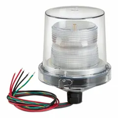This pole-mount fire alarm strobe operates at 24V DC and produces 80 flashes per minute for visual warning. With a 7 1/2 in overall depth and wire connections, it is suited for elevated installation in industrial safety systems.