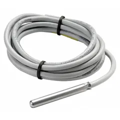 Hardwired surface and cable temperature sensor with a metal conduit box housing. Designed for remote cable mounting in building automation systems, it measures a single temperature point with an accuracy of ±0.90°F. Suitable for HVAC applications requiring ambient or surface temperature monitoring within a range of -40°F to 212°F.