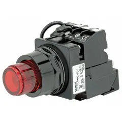 Momentary-action illuminated push button with an extended profile for enhanced visibility. Non-metallic construction in a 30 mm mounting size. Contact configuration 1NO/1NC suitable for start/stop or dual-signal circuits in industrial control panels and machinery.