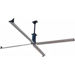 This SKYBLADE STEP Series industrial HVLS ceiling fan features an 18 ft blade diameter and operates on 230V AC three-phase power with a current draw of 5.3 A. It offers variable speed control and is finished in black. Designed for large commercial and industrial spaces, it moves high volumes of air at low speeds to improve comfort and energy efficiency.