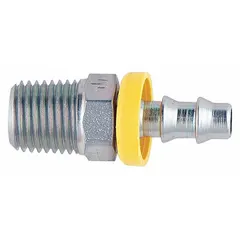 This steel barbed hydraulic hose fitting connects a 1/2 in I.D. hose to a threaded port. The barbed end grips the hose interior, while the NPTF thread provides a dry-seal connection. It is used in fluid-power systems for industrial machinery, mobile equipment, and hydraulic power units.