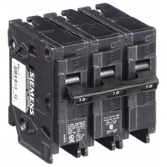 3-pole plug-in miniature circuit breaker rated 15 A at 240V AC. Standard type for overcurrent protection in branch circuits. Suitable for use in compatible load centers.