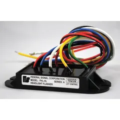This flasher relay from FEDERAL SIGNAL is designed for controlling headlight flashing in automotive warning or emergency lighting systems. It operates on 8/30V DC and includes an 18-inch wire for installation. The relay is compatible with headlight systems.