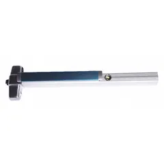 This rim-type exit device features a touchbar style in a chrome finish, designed for doors up to 4 ft wide. It is ADA compliant, meeting accessibility standards for commercial egress applications. Suitable for use in buildings requiring push-bar operated emergency exits.
