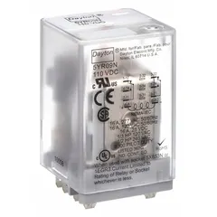 This Dayton C Series relay is a socket-mounted, plug-in device with a square base. It features DPDT contacts rated at 10 A and a 110V DC coil. The 8-pin terminal configuration allows for straightforward installation in control panels, automation systems, and machinery where reliable switching of electrical loads is required.
