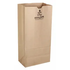 Kraft paper grocery bag with dimensions 6 1/6 in width, 4 1/6 in depth, and 12 1/2 in height. Supplied in a 400-pack for high-volume use. Suitable for general-purpose packaging and transport of small parts, hardware items, or groceries.