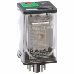 Socket-mounted relay with octal base and round pins. DPDT contact configuration rated 10 A at 30V DC resistive load (UL conforming). Coil voltage 24V AC. Plug-in mounting with 8-pin terminal connection. Suitable for switching loads in industrial control panels and automation systems.