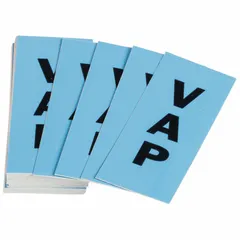 Replenishment label set containing 50 blue pipe markers with black 'VAP' legend and directional arrows. Designed for pipe outer diameters from 2-1/2 to 7-7/8 inches. Used for identifying vapor lines in industrial piping systems.
