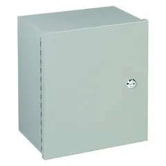 This WIEGMANN steel enclosure is rated NEMA 1 for indoor use, measuring 14 x 12 x 8 inches. It features a solid hinged cover secured by a 1/4-turn latch and a painted finish. No knockouts are provided. Typical applications include housing electrical controls, terminals, or instruments in dry locations where basic protection from dust and accidental contact is required.