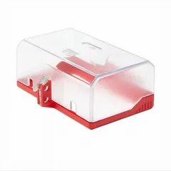Clear hinged lockout for push-button controls. Fits buttons up to 2.36 in diameter. Overall dimensions: 5.5 in x 6.25 in x 3.875 in. Used to secure push buttons during maintenance to prevent accidental activation.