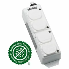Healthcare power strip with 4 outlets, 15 ft cord, 15 A rating, and 5-15P plug. UL 2930 listed, white finish, 2 1/2 in wide. Screw-mount design for secure installation in medical environments.
