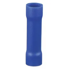 Vinyl-insulated butt splice connector for joining two 6 AWG wires end-to-end. Rated 600 V, the blue vinyl sleeve provides electrical insulation and strain relief. Suitable for permanent wire splices in electrical installations, panel building, and maintenance. Pack of 20.