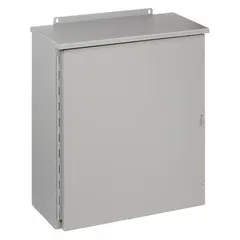 Painted steel enclosure with a solid hinged cover and 1/4-turn latch. Rated NEMA 3R for outdoor use, protecting electrical components from rain, sleet, and ice. No knockouts included. Suitable for industrial, commercial, and utility applications requiring weather-resistant housing.