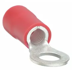 This insulated ring terminal features red vinyl insulation rated for 600 V. It accommodates 8 AWG wire and fits a 1/4 in stud size. Used for secure wire-to-stud connections in electrical panels, machinery, and power distribution systems.