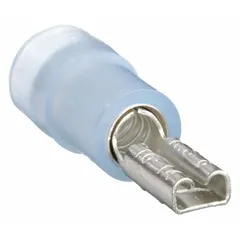 Female quick disconnect socket with blue nylon partial insulation. Accepts 16 AWG to 14 AWG wire. Used for making fast, reliable electrical connections in control panels, appliances, and industrial equipment.